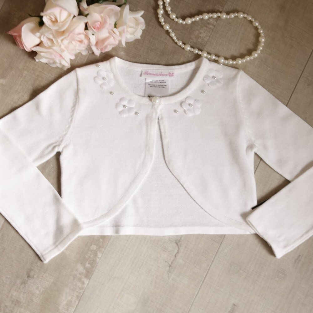 Girls Cotton White Sweater Cardigan Shrug Bolero Pearls Floral Appliqués NWT